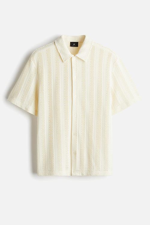 Regular fit jacquard-knit shirt - light beige striped