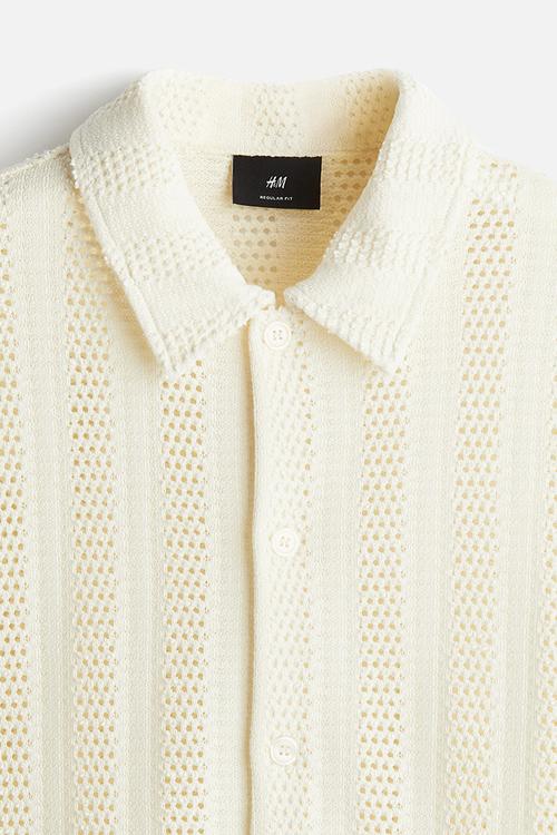 Regular fit jacquard-knit shirt - light beige striped