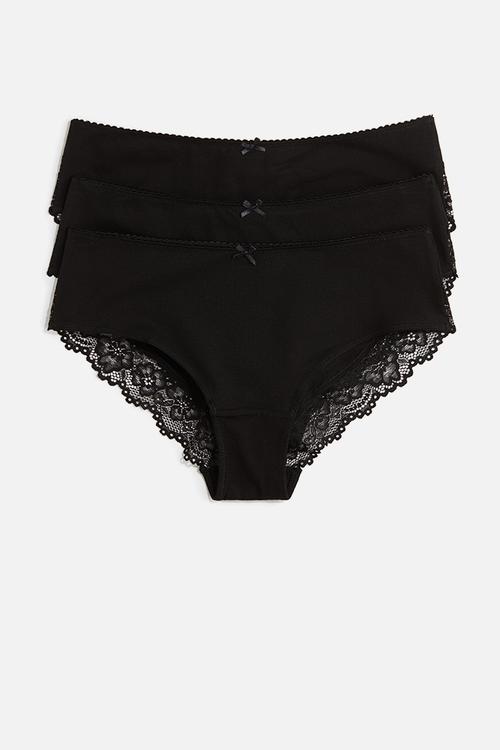 3-Pack cotton and lace hipster briefs - black