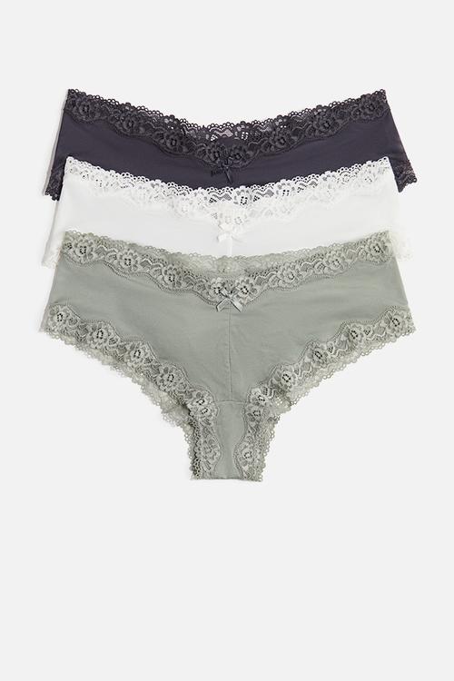 3-Pack microfibre and lace hipster briefs - khaki green & grey