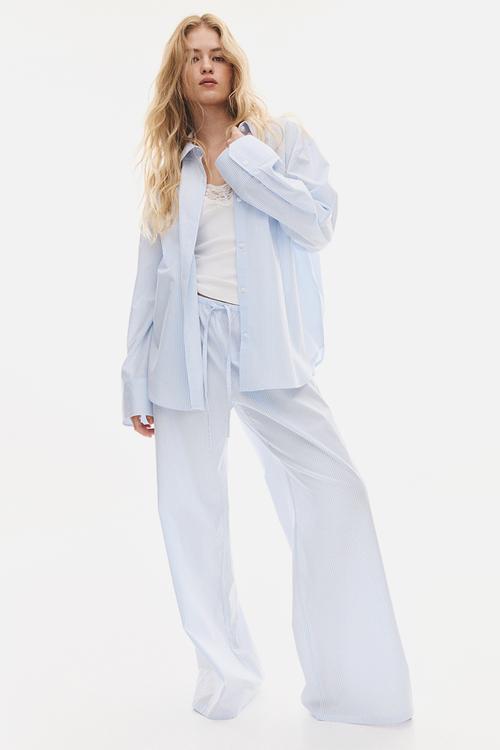 Cotton poplin pyjamas - light blue & white striped