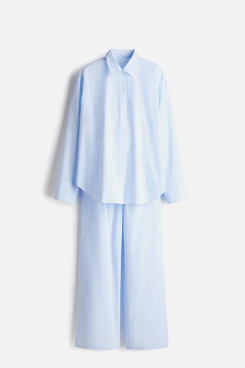 Cotton poplin pyjamas - light blue & white striped