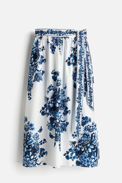 Tie-detail poplin skirt - white & blue floral