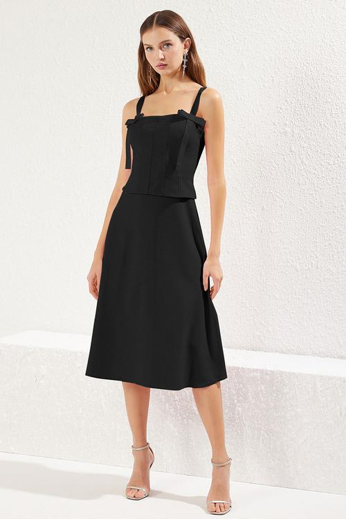 Black A-Line Bow Detailed Midi Evening Dress
