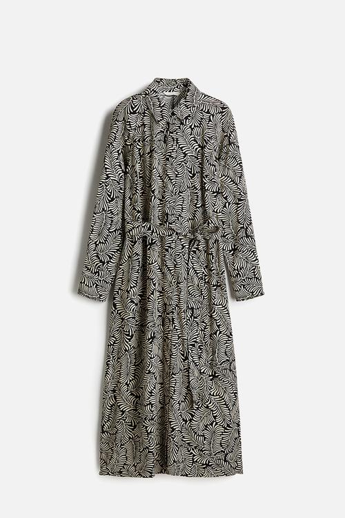 Tie-belt viscose shirt dress - black & cream patterned