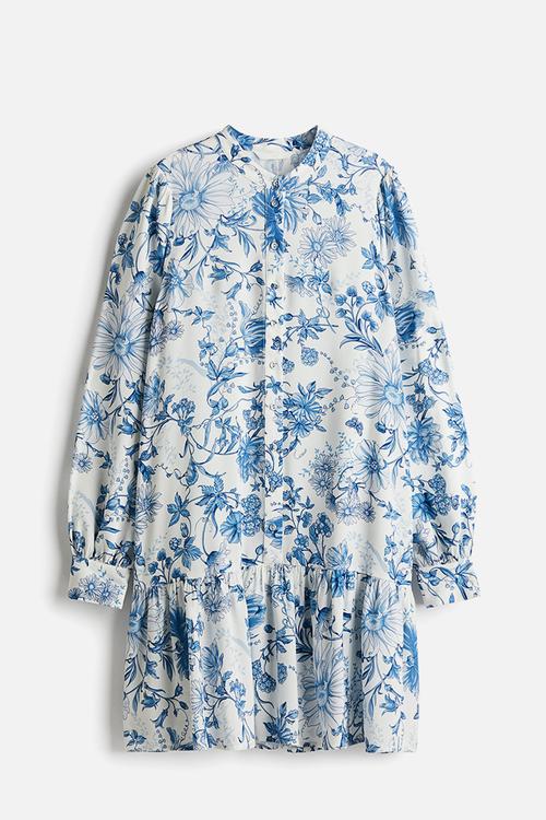 Patterned viscose dress - white & blue floral