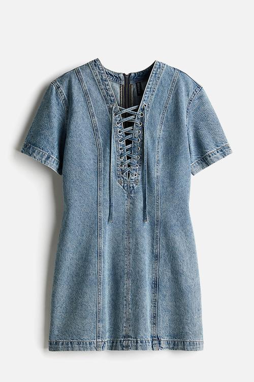 Lacing-detail denim dress - light denim blue