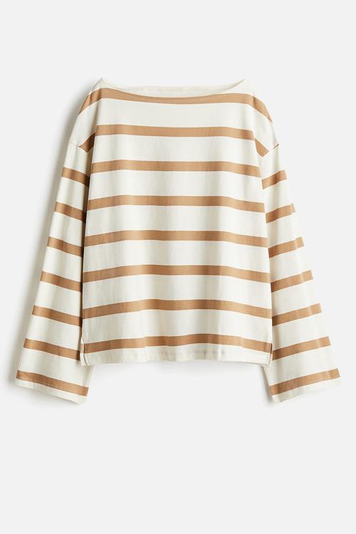Boat-neck cotton top - white & beige striped