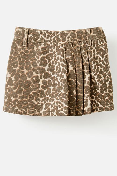 Pleat front denim skort - summer leopard