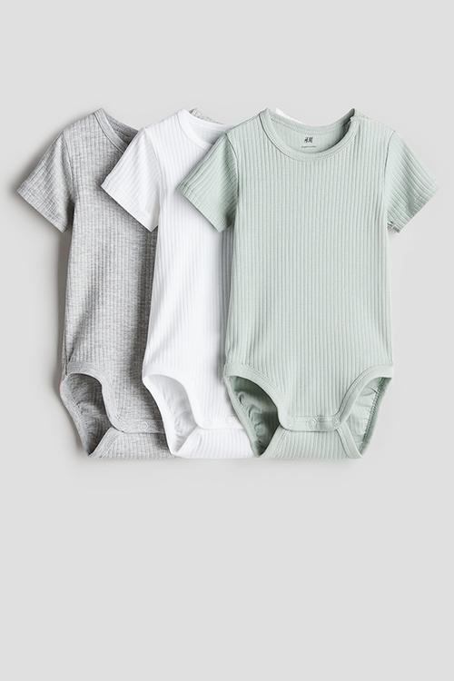 3-Pack ribbed cotton bodysuits - light dusty green & light grey