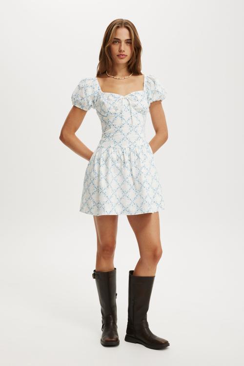 Wren lace trim mini dress - Claire trellis blue