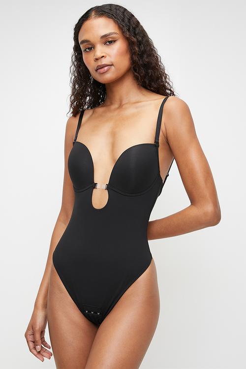 Low back thong plunge bodysuit - black
