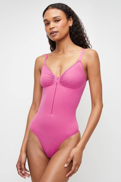 Zipped scuplting bodysuitin THONG - pink
