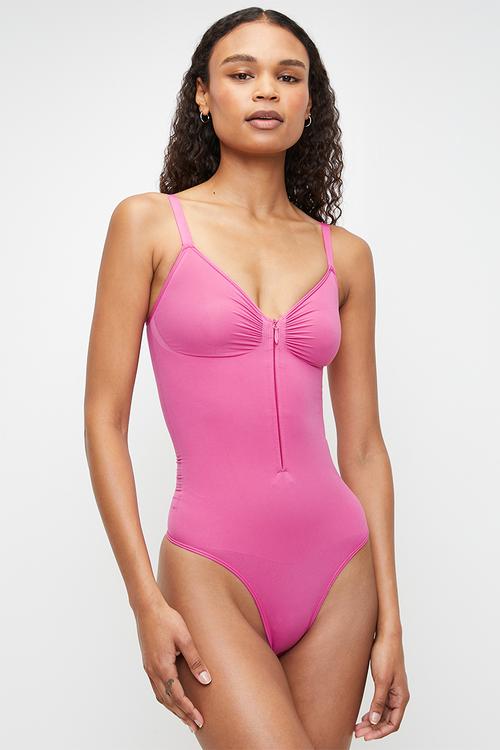 Zipped scuplting bodysuitin THONG - pink