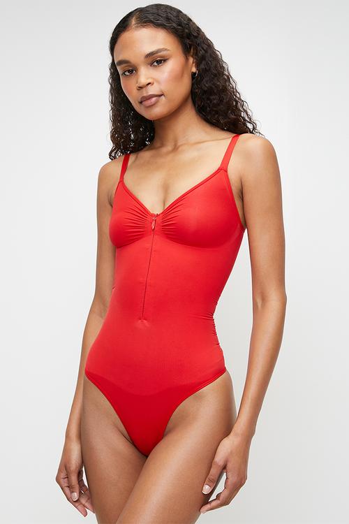 Zipped scuplting bodysuitin THONG - red