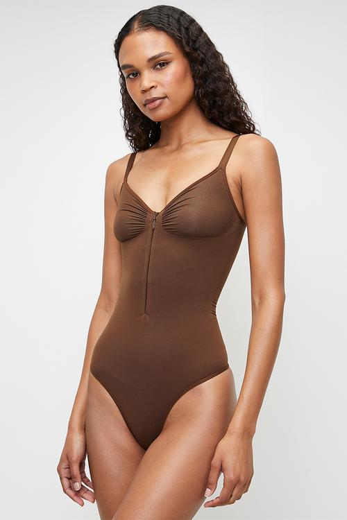Zipped sculpting brief bodysuit - brown
