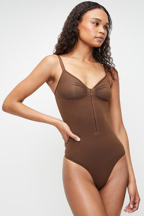 Zipped scuplting bodysuitin THONG - brown