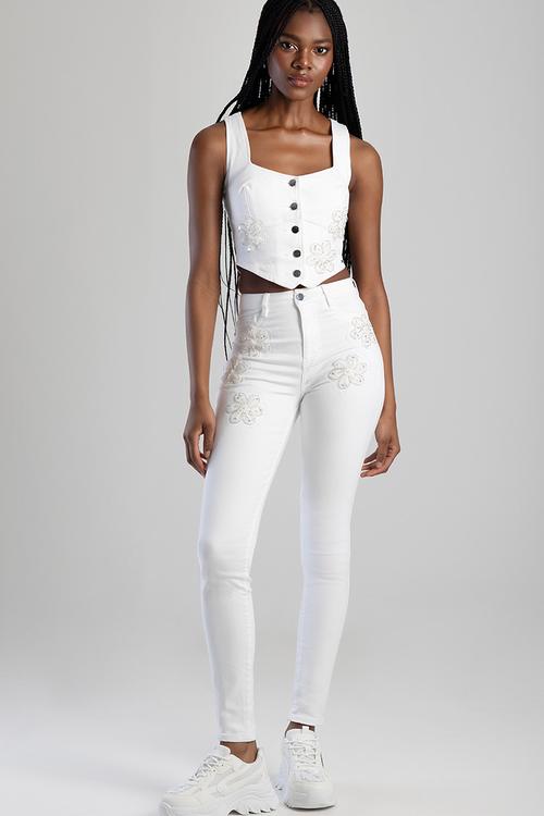 High Waist Skinny With Floral Applique  - White