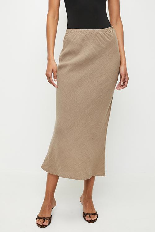 Linen elastic waist high waist midi skirt - mink
