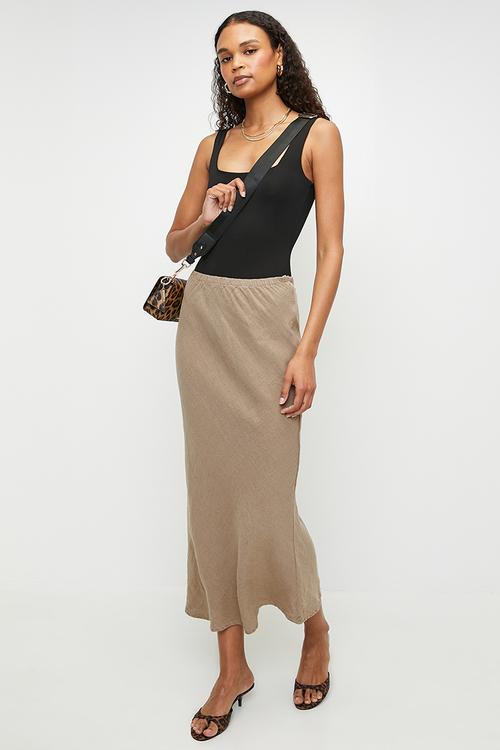 Linen elastic waist high waist midi skirt - mink