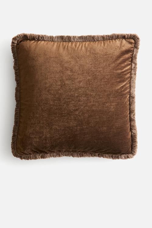 Fringed velvet cushion cover - brown