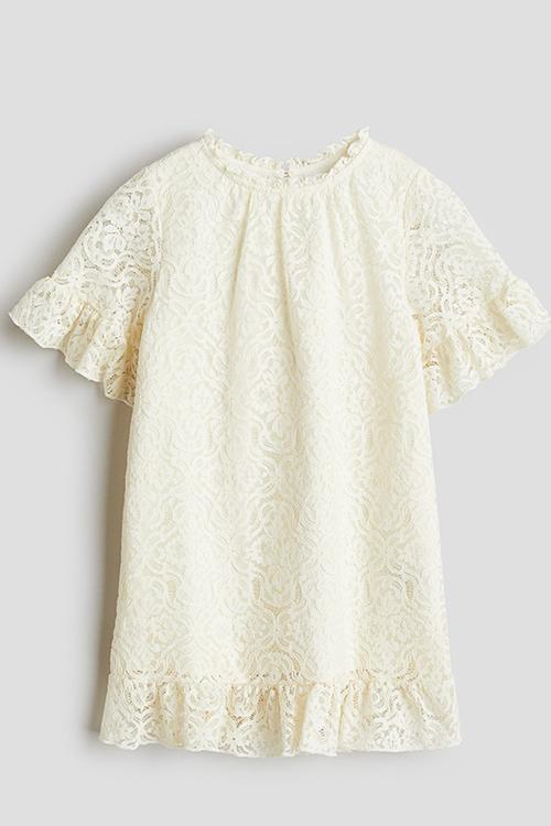 Frill-trimmed lace dress - cream