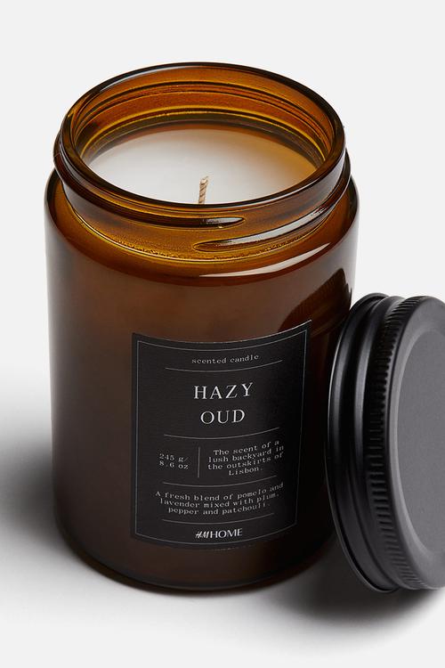 Small scented candle in glass holder - hazy oud