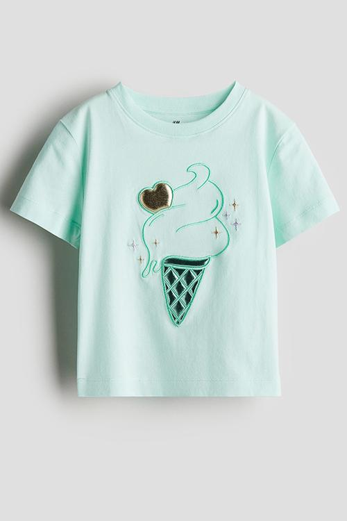 Motif-detail T-shirt - mint green/ice cream