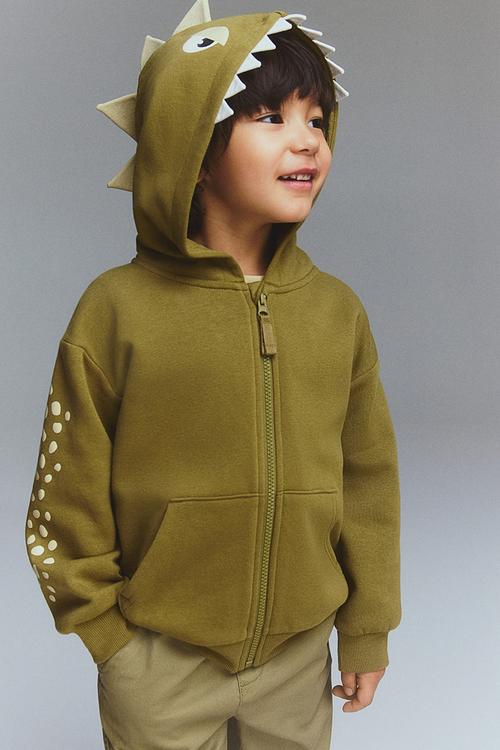 Appliquéd zip-through hoodie - khaki green dinosaur