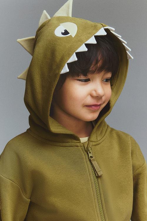 Appliquéd zip-through hoodie - khaki green dinosaur