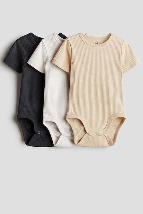 3-Pack ribbed cotton bodysuits - dark grey & light beige