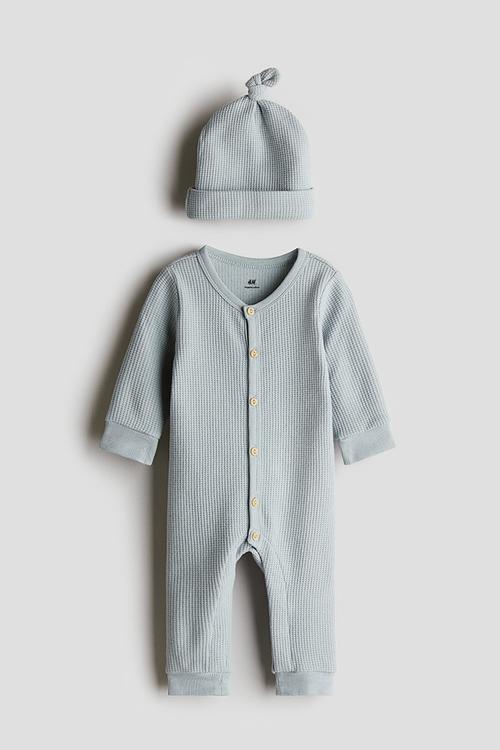 2 piece waffled cotton set - light turquoise