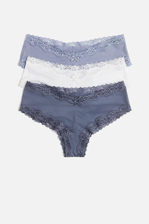 3-Pack microfibre and lace hipster briefs - dusty blue/white