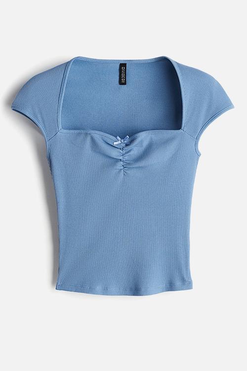 Gathered cap-sleeved top - blue