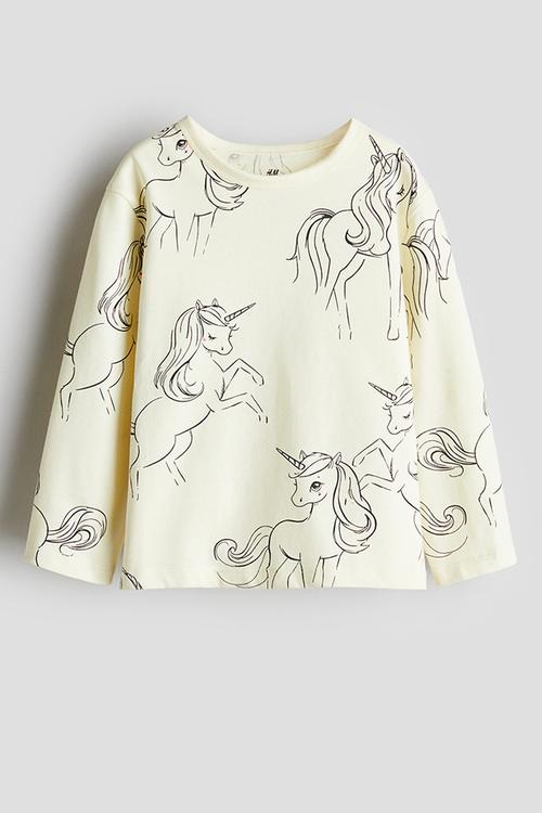 Printed cotton top - light yellow unicorns