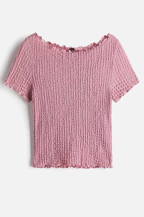 Overlock-detail crinkled top - dusty pink