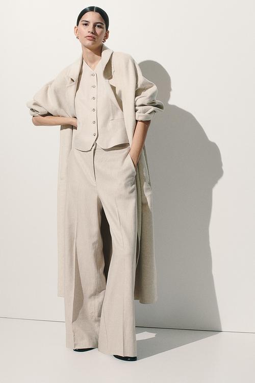 Wide linen-blend trousers - light beige