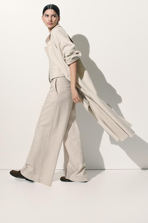 Wide linen-blend trousers - light beige