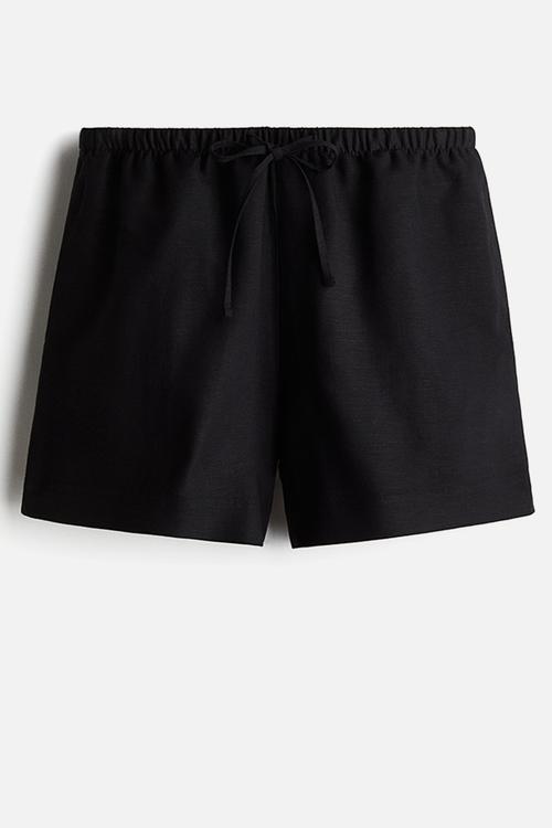 Linen-blend drawstring shorts - black