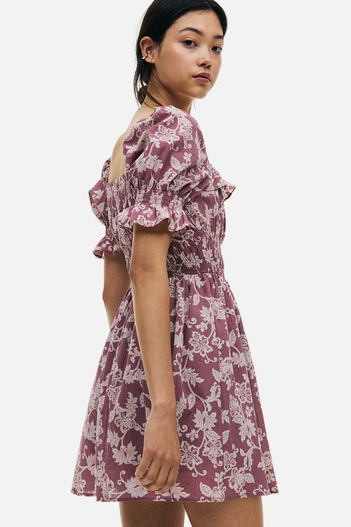 Frill-trimmed crêpe dress -  old rose/floral 