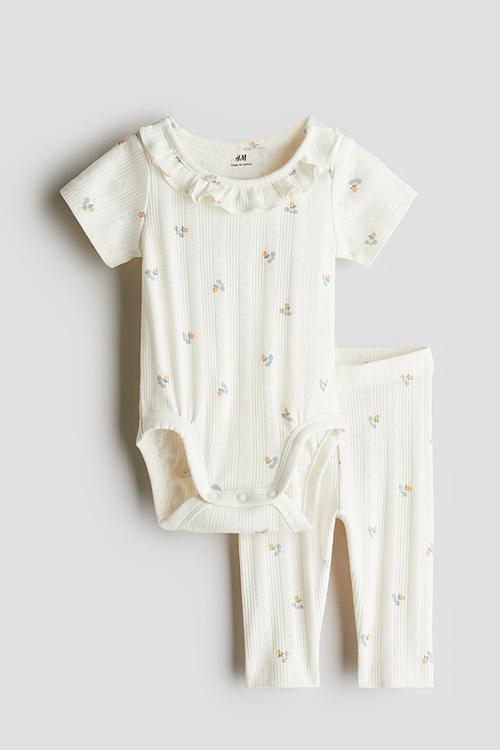2-Piece pointelle cotton set - cream floral