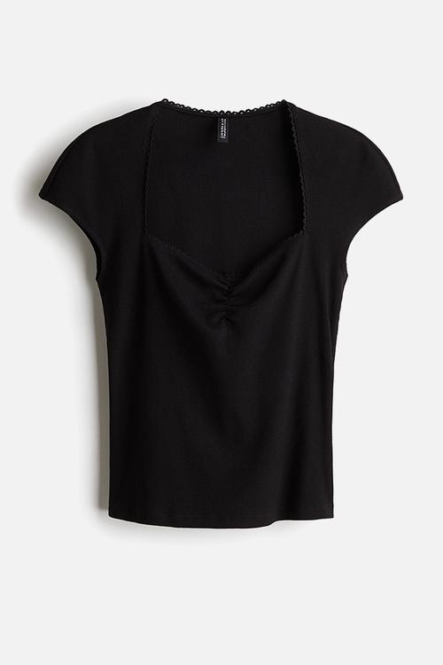 Ribbed sweetheart-neck top - black