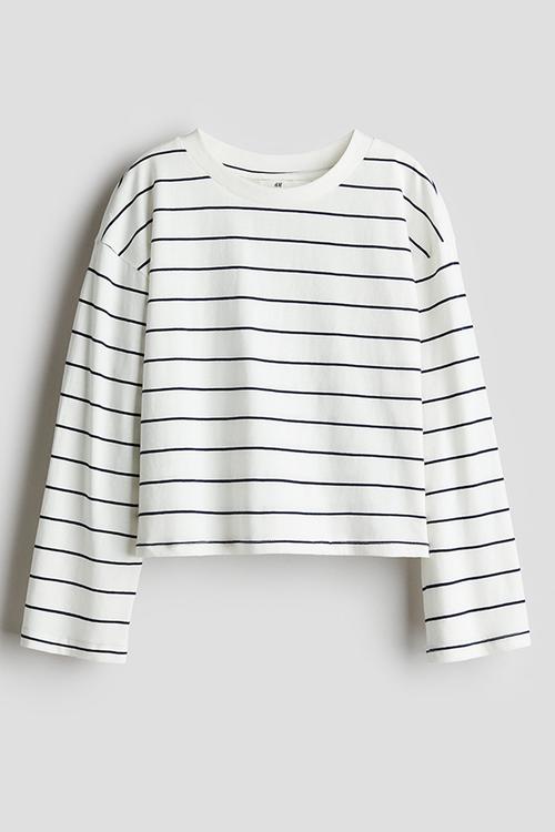 Long-sleeved cotton jersey top - white & blue striped