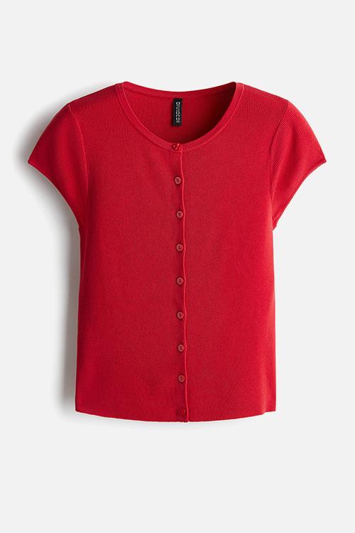 Short-sleeved fine-knit cardigan - red