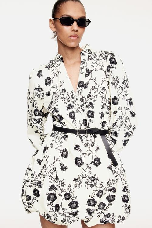 Belted bubble-hem dress - cream/floral