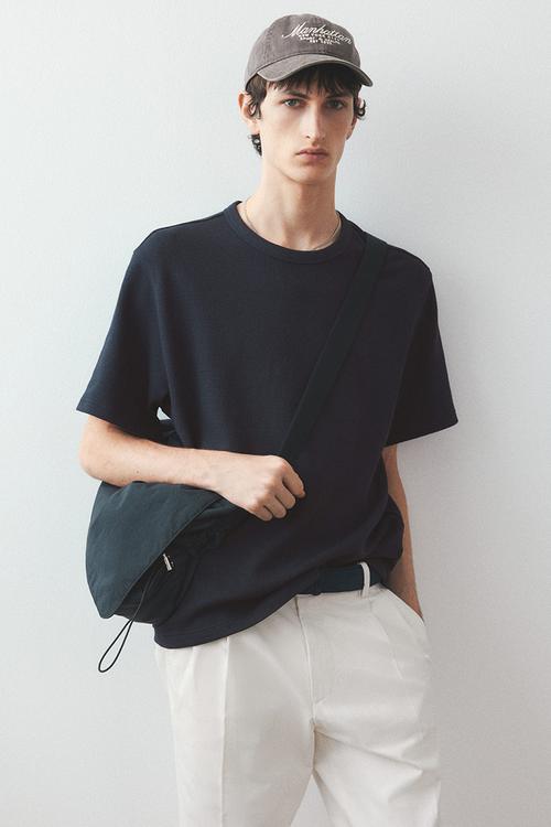 Regular fit waffled t-shirt - navy blue