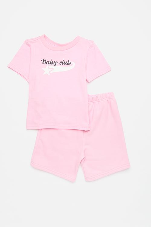 Slogan print tee with shorts - pink/baby club
