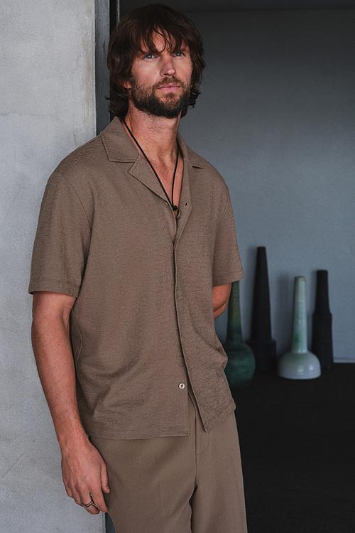 Regular fit jersey resort shirt - dark beige