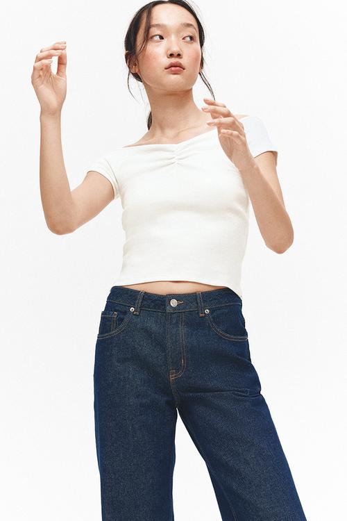 Ribbed boat-neck top - cream