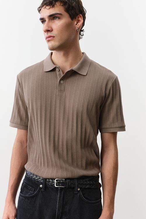 Slim fit textured jersey polo shirt - dark beige